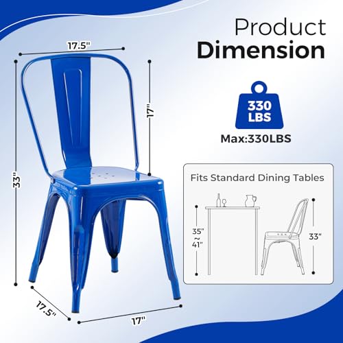 Image of Metal Dining Chairs with Backrest, Stackable, Blue, 4 Pack | Easy Assembly, Non-Slip Feet, 330 lb Capacity, Kitchen, Restaurant, Cafe, Pub, Covered Patio