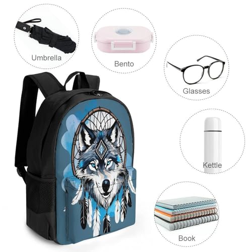 Backpack for Men, Native Wolf Dream Catcher Portable Multi-Functional Daypack for Business Trip, Cute Spacious Reusable Shoulder Bag with Adjustable Strap4