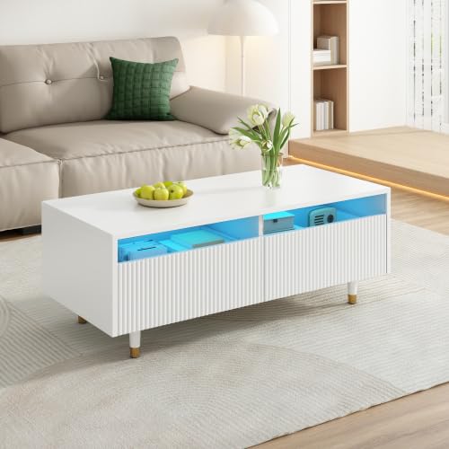 Table basse LED moderne blanche pour ranger votre salon grâce à 2 grands tiroirs design