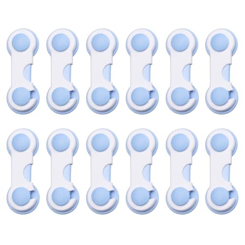 KEWUF Cierre Seguridad Cajones Bebe, Seguridad Puertas Niños, Protección Bebés Casa, No Requiere Taladrar, Apto para Armarios, Cajones, Roperos, Frigoríficos (12 Unidades, Color Azul, 9,5 x 3,6 cm)
