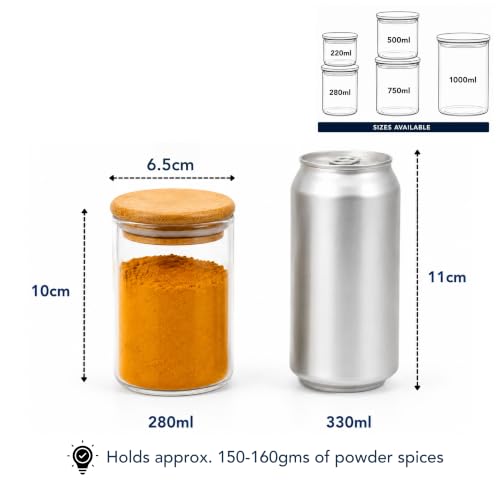 Image of Airtight Glass Storage Jar with Bamboo Lid, 280 ml Pack Of 4 | Multipurpose Kitchen Container for Coffee, Tea, Sugar, Spices, Dry Fruits & Snacks | Transparent Pantry Organizer Jars