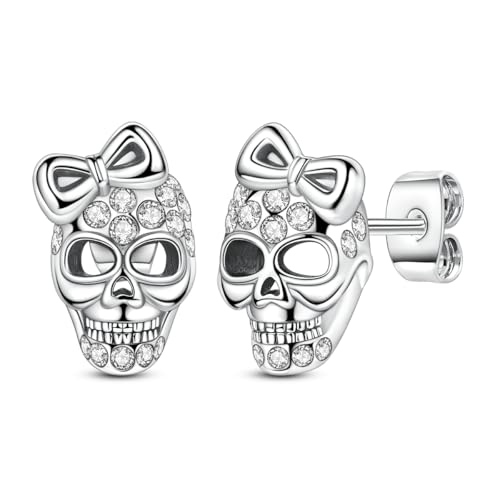 Parmuz 925 Sterling Silver Stud Earrings, Dainty Simple Heart love four leaves Halloween gold Skull Earrings for Women
