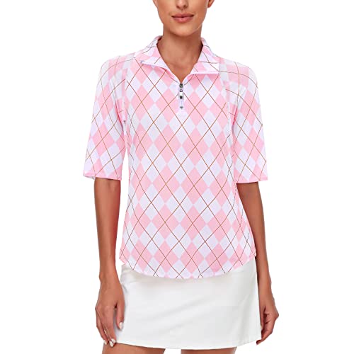 Misyula Tennis Shirts For Women Dry Fit,Half Sleeve 1/4 Zip Golf Polo Shirt Moisture Wicking Cooling Workout Tops Plus Size Leisure Yoga Running Active Wear Outfits Fashion Pink-Plaid Xxl #TOP26