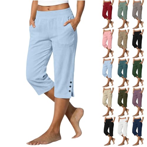 HJYUZP Capri Pants for Women - Split Button Elastic Waist Cotton Linen Capris Summer Casual Pedal Pushers with Pockets Ladies Plus Size Petite Dress Slim Fit Soft Breathable Pants Light Blue L