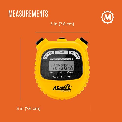 Marathon Adanac 3000 Digital Stopwatch Timer, Yellow - High Precision Accuracy to 1/100th Seconds - Water, Dust & Shock Resistant - 46” Lanyard Included