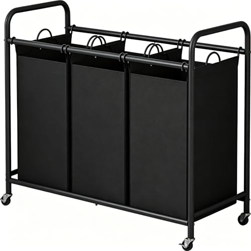 LINZINAR 3-Bag Laundry Basket, Black Laundry Hamper, 35.6 Gal(135 L)