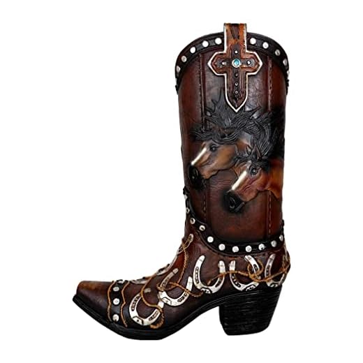 Ebros Gift Rustic Western Running Horses Wild and Free with Horseshoes and Cross Cowboy Cowgirl Boot Decorative Figurine Or Floral Vase Planter Tooled Leather Finish Accent