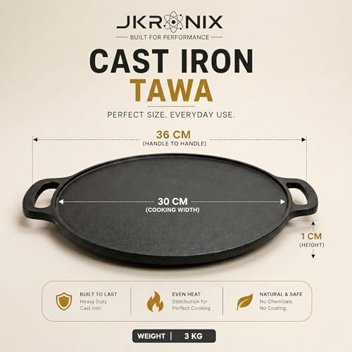 Image of Pre-Seasoned Cast Iron Dosa Tawa with Handle, 30 cm, Naturally Non-Stick Cookware for Roti, Chapati, Chilla & Uttapam, Heavy Duty Griddle, Gas Stove & Induction Compatible (Normal)
