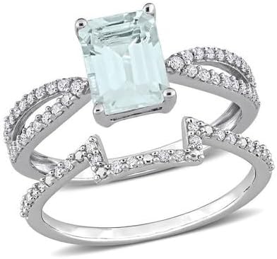 Jewels by Parijaat 1.60 Cttw Emerald Cut Created Blue Aquamarine and White Diamond Split Shank Wedding Bridal Ring Set with Band In 14K White Gold Over 925 Sterling Silver