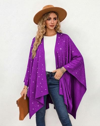 Image of Womens Rhinestones Open Front Poncho Shawl Wrap Cape Ruana Travel Blanket Cardigan