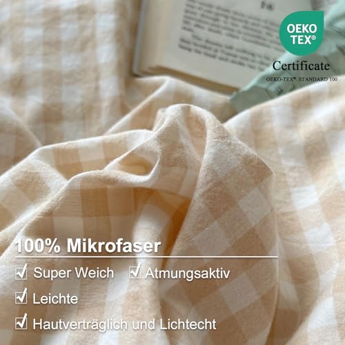 Miniatura 5 de Lanqinglv Juego De Ropa De Cama 155x220 Cm, A Cuadros Beige, Geométrico, Reversible, Juego De Ropa De Cama Öko-Tex, Funda Nórdica Con Cremallera Y 1 Funda De Almohada De 80x80 Cm
