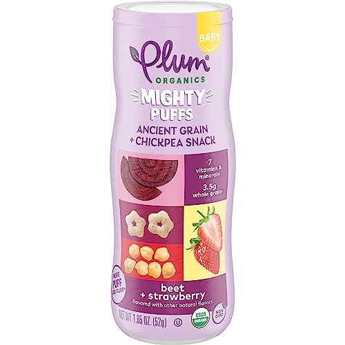 Plum Organics Mighty Puffs Organic Baby Food - Beet and Strawberry - 1.85 oz Canister - Ancient Grains and Chickpea Snacks
