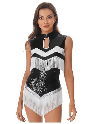Monduelle Disfraz de animadora para mujer, uniforme de animadora, lentejuelas, vestido de baile con flecos, falda de Halloween, carnaval, negro, M