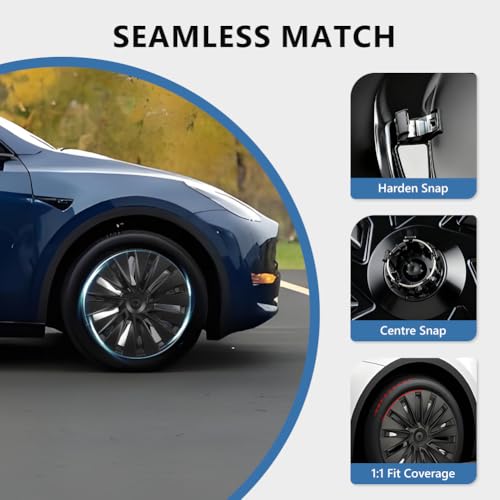 MOTRUM 19 inch Wheel Cover Hubcap Compatible with TES-la Model Y 2020 2021 2022 2023 2024, [Black] [New Star Style] Full Cover ABS Hubcaps Accessories, with Tape & Centre Caps, 4 PCS by MOTRUM - Image 2