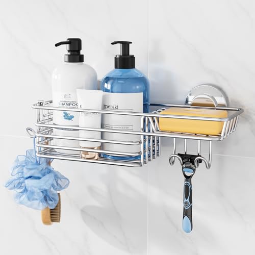 Image of TAILI Shower Caddy Suction Cup with Hooks & Soap Holder, Silver | Heavy Duty Shower Organizers, Removable Bathroom Shelves for Inside,Stainless Steel Bathroom Holder