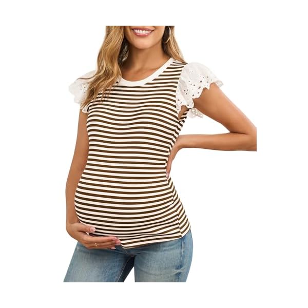 Women's Maternity Shirts Lace Ruffle Short Sleeve Pregnancy Tops Casual Mama Clothes