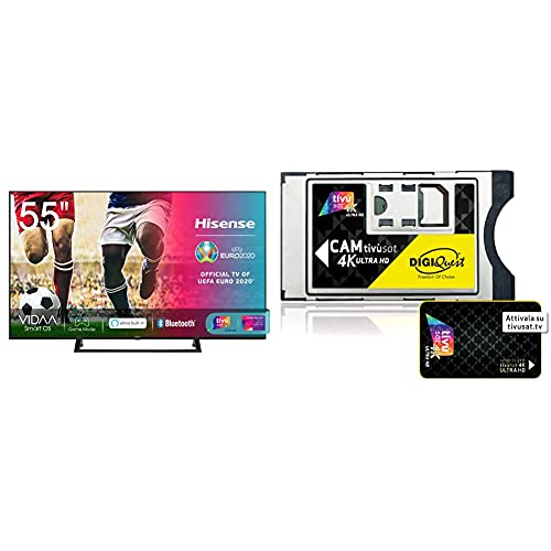 Hisense 55Ae7210F, Smart Tv Led Ultra Hd 4K 55, Single Stand, Hdr 10+, Dolby Dts, Con Alexa Integrata, Tuner Dvb-T2/S2 Hevc Main10 [Esclusiva Amazon - 2020] & Digiquest Cam Tivùsat 4K Ultra Hd