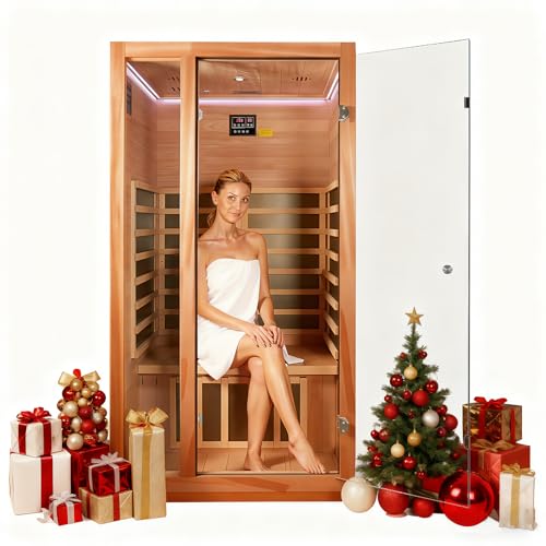 1 Person Far Infrared Sauna for Home, Low EMF Sauna Heater, Chromotherapy Lighting, 1510W/120V, Premium Wood Home Sauna for Meditation and at Home Spa Relaxation, 39.37 * 35.43 * 74.8 Inch