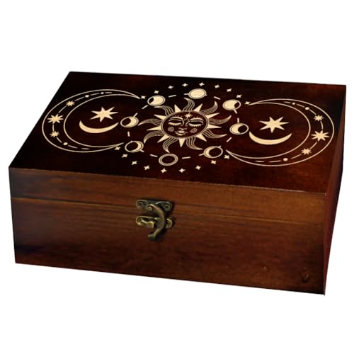 arricraft Caja de almacenamiento conmemorativa de madera, caja de tarot rectangular de pino tallada con fase de sol y luna para almacenamiento de tablero de joyería de aniversario
