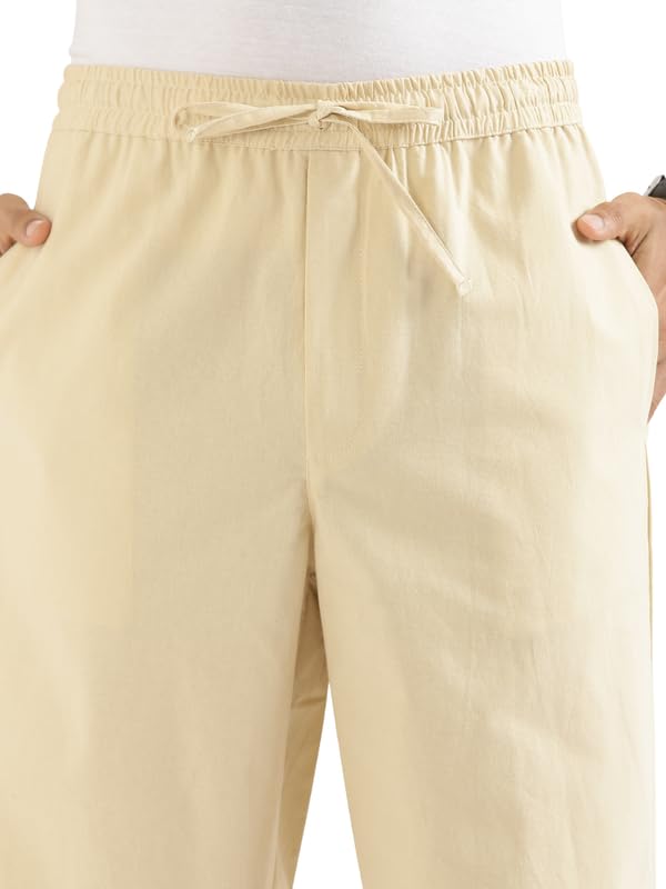 Image of SAADAA Men's 100% Cotton Pants | Mid-Rise Straight Fit Casual Trousers with Elastic Waistband and 3 Pockets | Everyday Wear