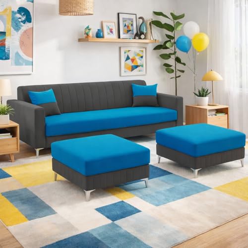 Image of Amelia 5 Seater L Shape Sofa Set with 2 Movable Ottomans | Flexible Layout | Rich Velvet Suede Fabric | Silver Legs | Spacious Seating | Modern Sofa for Living Room (Dark Grey-Aqua Blue)