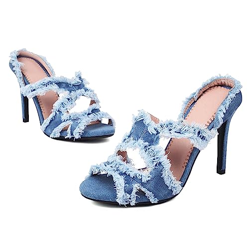 Optigard Women's Denim Cloth Slip On Open Toe Stiletto Shoes Crossover Strap Hollow Mules Fish Mouth Slingback Evening Dress Party Wedding Prom Sandals