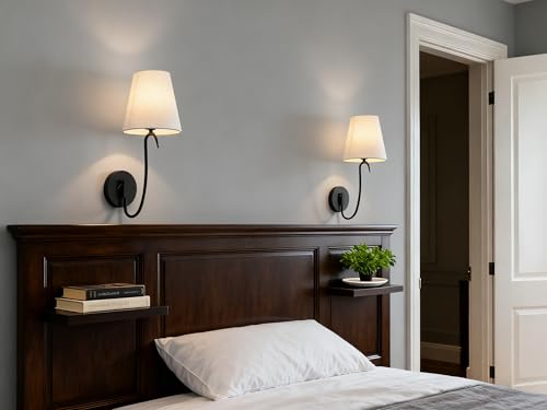 Image of Swan Neck Wall Sconce Fixture 1-Light with Linen Fabric Shade, Indoor Hardwired Rustic Boho Wall Light for Living Room Bedroom Bedside Nightstand Light
