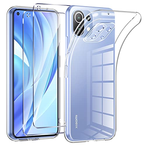 Phoona Cover per Xiaomi Mi 11 Lite 4G/5G/5G NE Custodia con 2 Pezzi Pellicola Vetro Temperato,Ultra Sottile Trasparente Silicone Protettiva Case per Xiaomi Mi 11 Lite Sottile Morbida Antiurto Cover