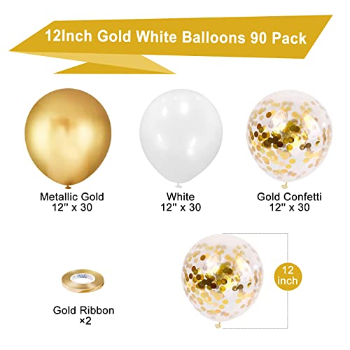 Image of 90Pcs White and Gold Balloons Set, 12 Inch Gold and White Balloons, Gold Confetti Latex Balloons for Birthday Anniversary Wedding