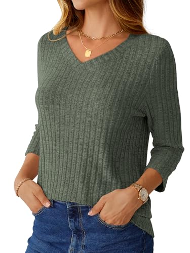 NORACORA V Neck 3/4 Length Sleeve Shirts for Women Casual Fall Tops Lightweight Tunic Sweaters 20252