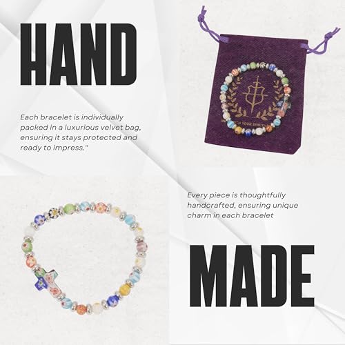 Nazareth Store Millefiori Glass Bracelet with Cross Murano Glass Rainbow Beaded Bracelet Spiritual Handmade Religious Gift2