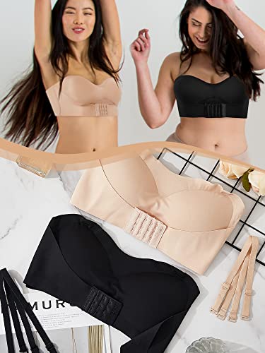 Geyoga 2 Pcs Strapless Bras For Women Push Up Lingerie Strapless Front Buckle Lift Bra Nonslip Bandeau Bra(Black, Nude,Large) #TOP6