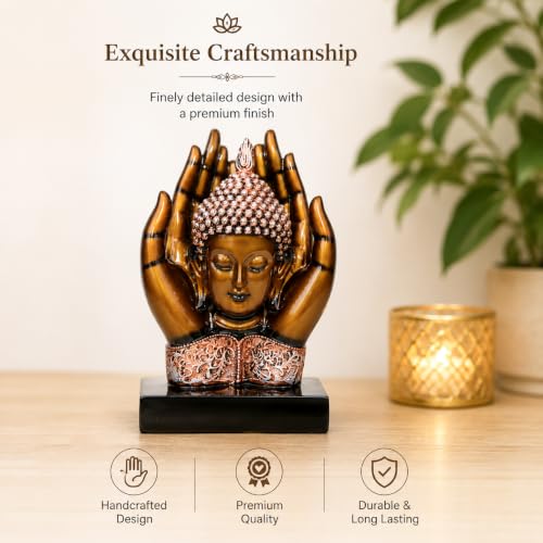 Image of HindCraft Buddha Showpiece for Home Decor - Meditating Buddha Idol in Protective Hands, Spiritual Decorative Statue for Living Room, Office Desk, Meditation Room, Gift Item