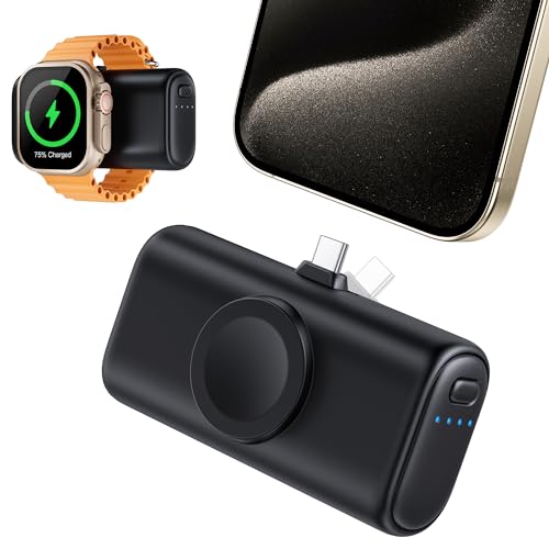 RORRY Mini Portable Charger for iPhone 15, Built-in Foldable USB-C Connector Power Bank, 5000mAh 15W Fast Charging Small Battery Pack for iPhone 15/15 Plus/15 Pro/15 Pro Max, Apple Watch, Black