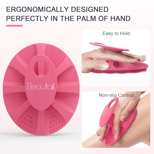 Image of Silicone Body Scrubber Shower Bath Wash Brush Gentle Exfoliating Scrub Cleansing Loofah for Women Men Baby Sensitive Skin, Easy to Clean, Lather Nicely, More Hygienic, 1 Pack, Pink