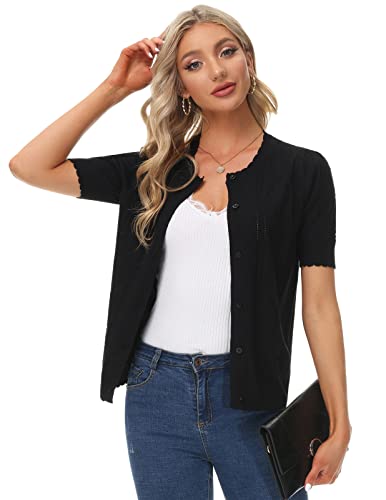 Women Short Sleeve Button Up Cardigans Lightweight Cable Knit Vintage Shrugs Crew Neck Bolero Sweater Black L #TOP4