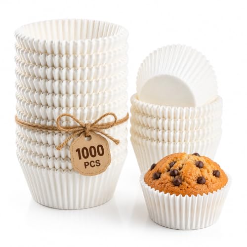 Image of PureBake White Cupcake Muffin Liners 1000 Count - Greaseproof, Non-Stick, Food Grade Paper Baking Cups | Standard Muffin & Cupcake Liners | Odorless, Oven Safe Cupcake Wrappers