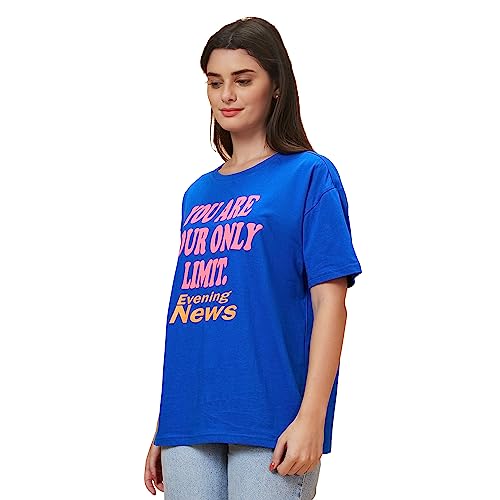 Image of Globus Women Blue Printed Round Neck Casual Boxy Fit T-shirt-3638187001