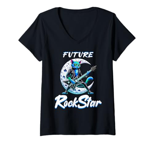 Donna Future Rock Star Cat, Guitar Band Ragazze Ragazzi Bambini Maglietta con Collo a V
