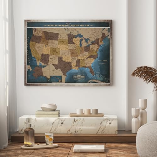 Image of DECORARTS - Deep Blue Vintage USA Travel Map Canvas with Pins, US Map for Travel, for Living Room, Office or Entryway, Ready to Hang, 40x30''