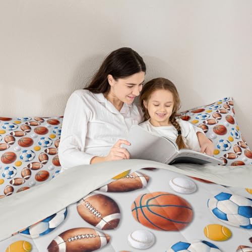 Image of Feelyou Soccer Football Comforter Set Full Size Basketball Baseball Softball Sport Theme Bedding Set for Kids Boys Girls Light Gray Duvet Quilt Bedroom Decor Microfiber 3 Pcs with 2 Pillow Cases