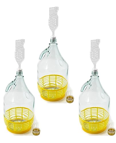 WYSKONT Smalhals Ballongflaska med skruvlock, skyddskorpa, luftlås och kork för vinproduktion, jäsning, dryckesförvaring, tillverkad av transparent glas, 3 st x 5 l