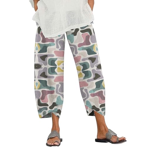 Linen Pants Women 2025 Summer Boho Pants Vintage Printed Casual Lightweight Drawstring Elastic Waist Pants Pockets