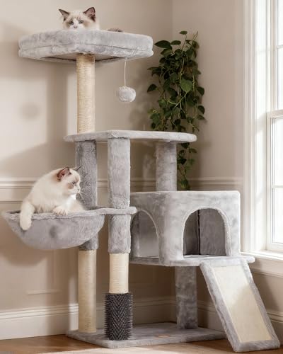 Heybly Kratzbaum mit Katzenbürste, Katzenbaum für Hauskatzen mit Gepolsterter Sitzstange aus Plüsch, Katzenkratzbaum mit Korb, Kratzbrett und...