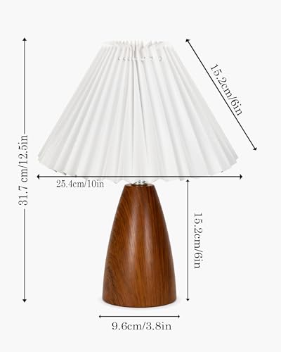 Image of Homesake Wood Grain Pattern Small Table Lamp, Desk Light, Wooden Bedroom Lamps for Nightstand, Scalloped Lamp Shade Table Lamps Small Spaces, Bedroom, Living Room, Taper Cone, (Pleated White)