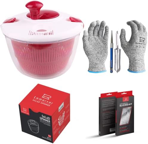 Manual SALAD SPINNER up to SIX salad servings - LARGE lettuce spinner BUNDLED with Uncut GLOVES, Vegetable PEELER and Universal diamond SHARPENER in Lemarsar's branded package - 4 items