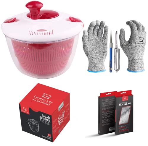 Manual SALAD SPINNER up to SIX salad servings - LARGE lettuce spinner BUNDLED with Uncut GLOVES, Vegetable PEELER and Universal diamond SHARPENER in Lemarsar's branded package - 4 items