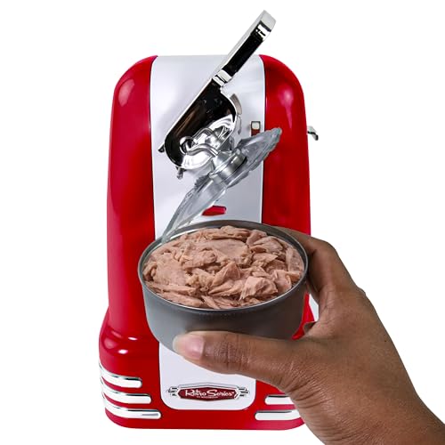 Image of Nostalgia Retro Electric Can Opener for Kitchen with Magnetic Lid Remover, Knife Sharpener, and Soda or Beer Bottle Opener, Red