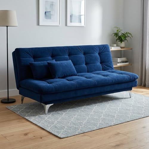 Image of FURNY Eagel 3 Seater Fabric Sofa Cum Bed with 2 Cushions (Dark Blue) Premium Velvet Fabric | Durable with Comfort | Perfect for Living Room, Bedrooms, Offices