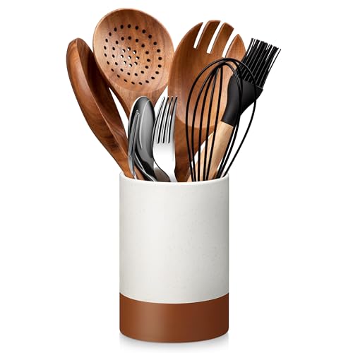 MALACASA Utensil Holder, 5.5" Ceramic Kitchen Utensil Holder for Countertop, Cooking Utensil Crock for Kitchen Counter, Farmhouse Utensil Organizer for Spatula & Spoon, Khaki White, Series TARA